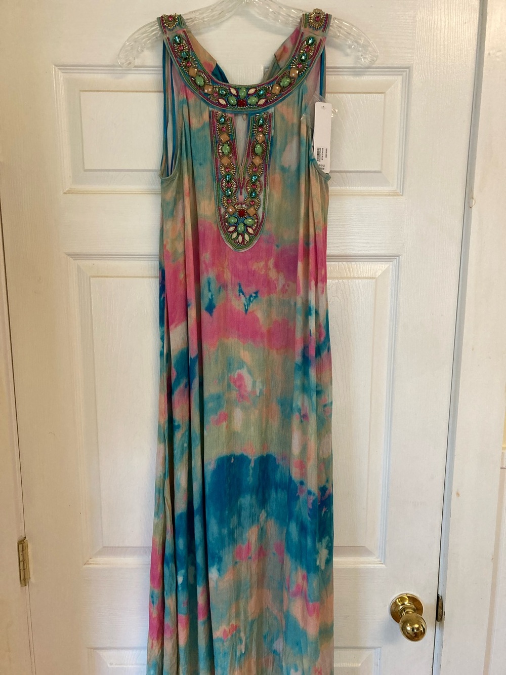 Soft Surroundings Pink, Teal & Cream Beaded Tie-Dye Maxi Verona Dress